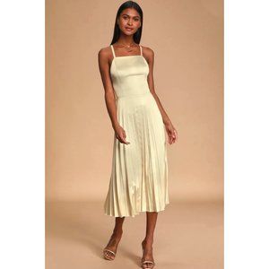 Give us a Twirl Champagne Satin Pleated Midi Dress